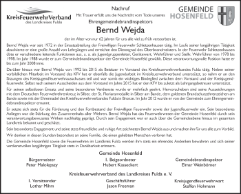 Traueranzeige von Bernd Wejda 