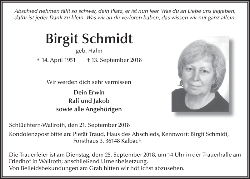  Traueranzeige für Birgit Schmidt vom 21.09.2018 aus 