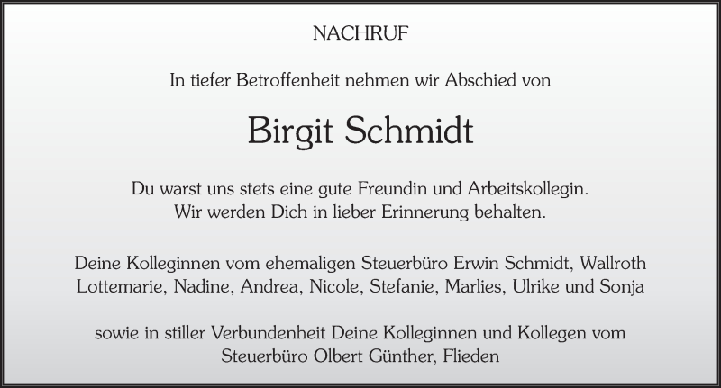  Traueranzeige für Birgit Schmidt vom 21.09.2018 aus 