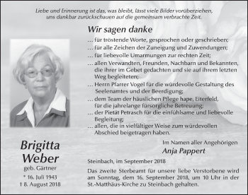 Traueranzeige von Brigitta Weber 