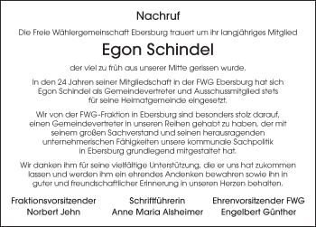 Traueranzeige von Egon Schindel 