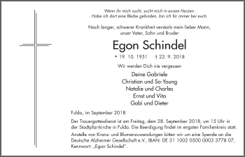 Traueranzeige von Egon Schindel 