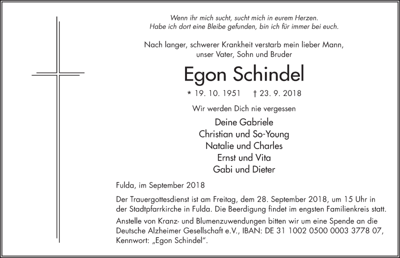  Traueranzeige für Egon Schindel vom 26.09.2018 aus 