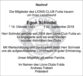 Traueranzeige von Egon Schindel 