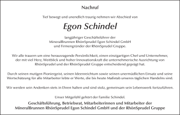 Traueranzeige von Egon Schindel 