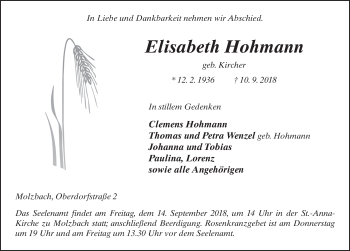 Traueranzeige von Elisabeth Hohmann 