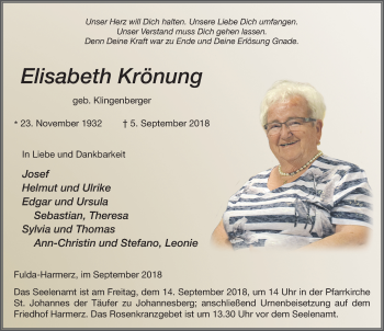 Traueranzeige von Elisabeth Krönung 