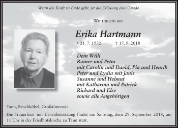 Traueranzeige von Erika Hartmann 