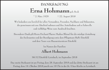 Traueranzeige von Erna Hohmann 