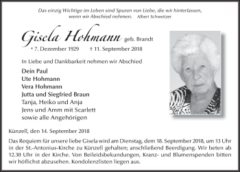 Traueranzeige von Gisela Hohmann 