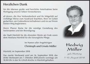 Traueranzeige von Hedwig Müller 