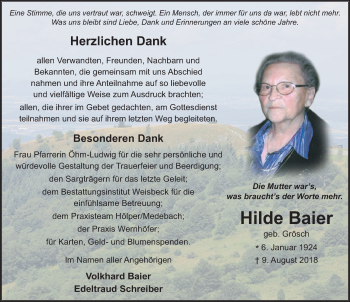 Traueranzeige von Hilde Baier 