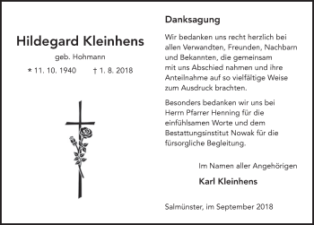 Traueranzeige von Hildegard Kleinhens 