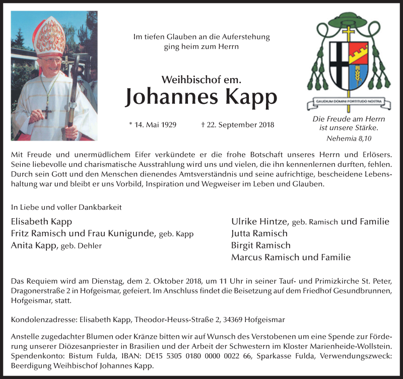  Traueranzeige für Johannes Kapp vom 26.09.2018 aus 