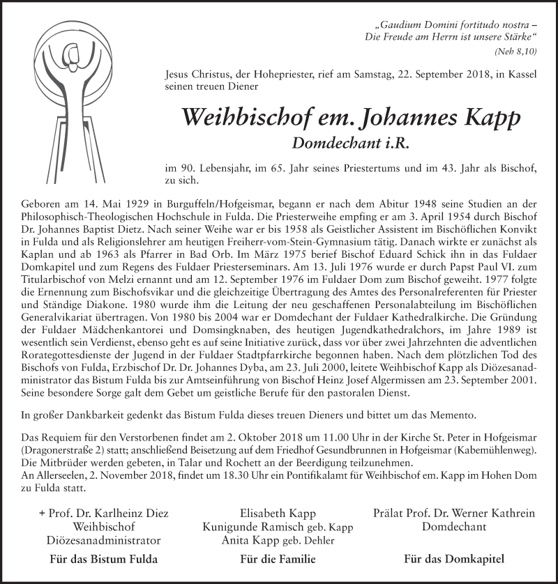  Traueranzeige für Johannes Kapp vom 26.09.2018 aus 