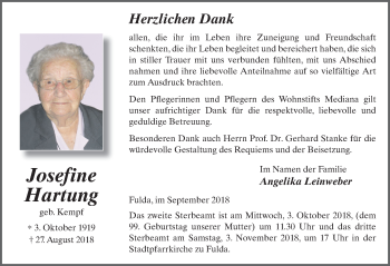 Traueranzeige von Josefine Hartung 