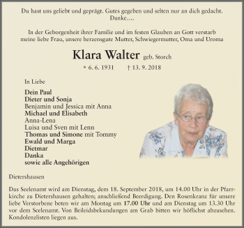 Traueranzeige von Klara Walter 