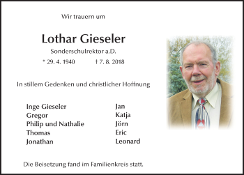 Traueranzeige von Lothar Gieseler 
