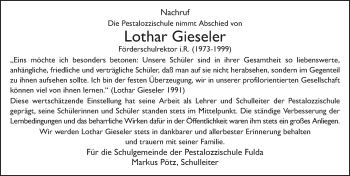 Traueranzeige von Lothar Gieseler 