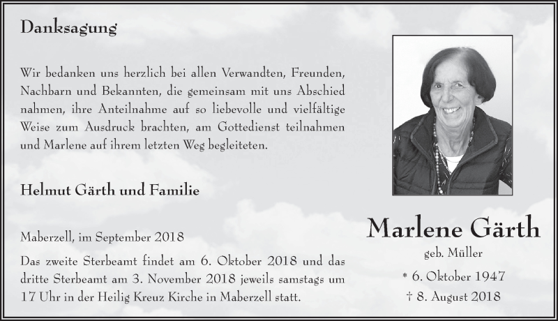  Traueranzeige für Marlene Gärth vom 15.09.2018 aus 