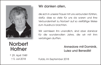 Traueranzeige von Norbert Hofner 