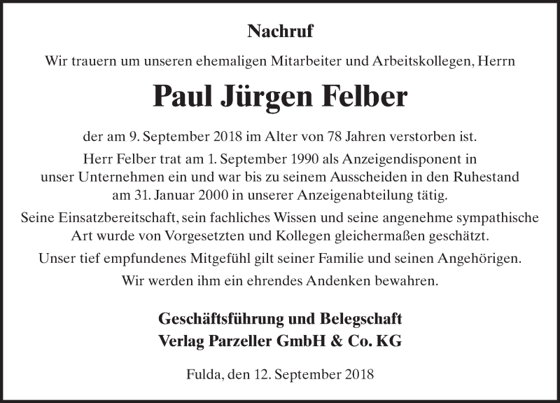  Traueranzeige für Paul Jürgen Felber vom 12.09.2018 aus 