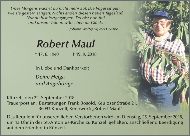  Traueranzeige für Robert Maul vom 22.09.2018 aus 