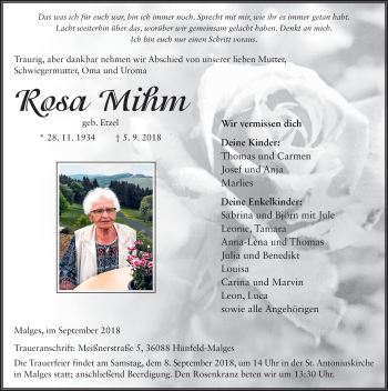 Traueranzeige von Rosa Mihm 