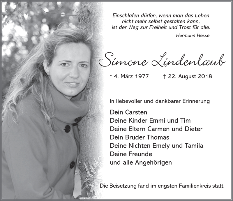  Traueranzeige für Simone Lindenlaub vom 22.09.2018 aus 
