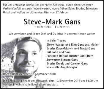 Traueranzeige von Steve-Mark Gans 