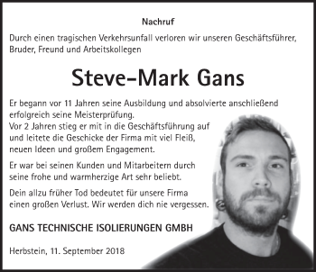 Traueranzeige von Steve-Mark Gans 