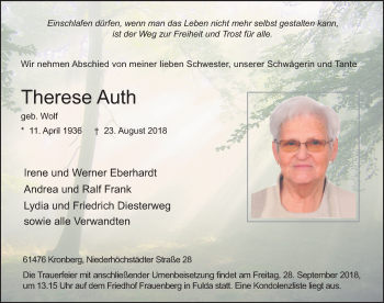 Traueranzeige von Therese Auth 