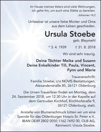 Traueranzeige von Ursula Stoebe 