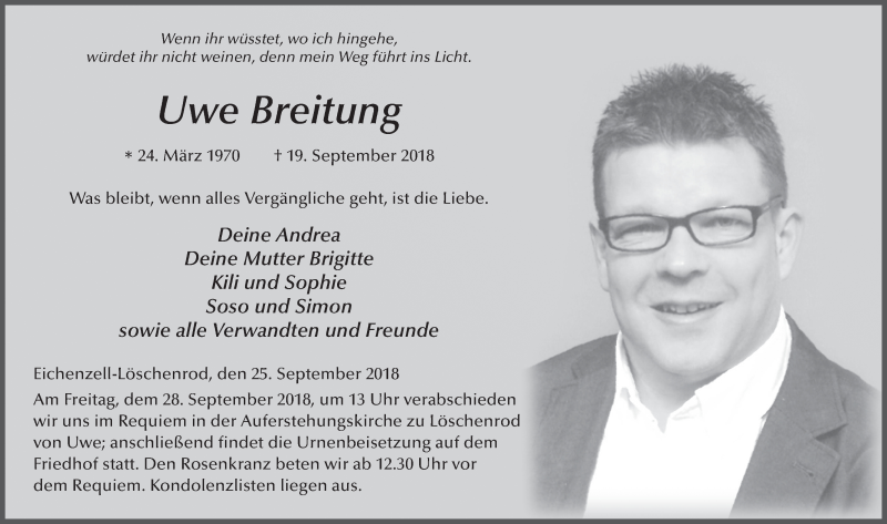  Traueranzeige für Uwe Breitung vom 25.09.2018 aus 