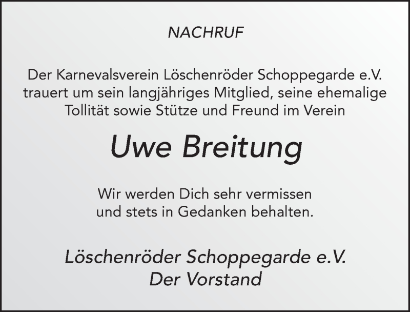  Traueranzeige für Uwe Breitung vom 25.09.2018 aus 