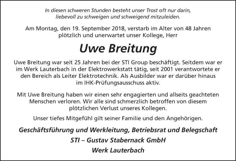  Traueranzeige für Uwe Breitung vom 26.09.2018 aus 