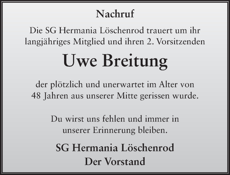  Traueranzeige für Uwe Breitung vom 25.09.2018 aus 