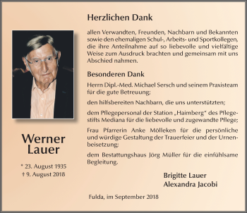 Traueranzeige von Werner Lauer 