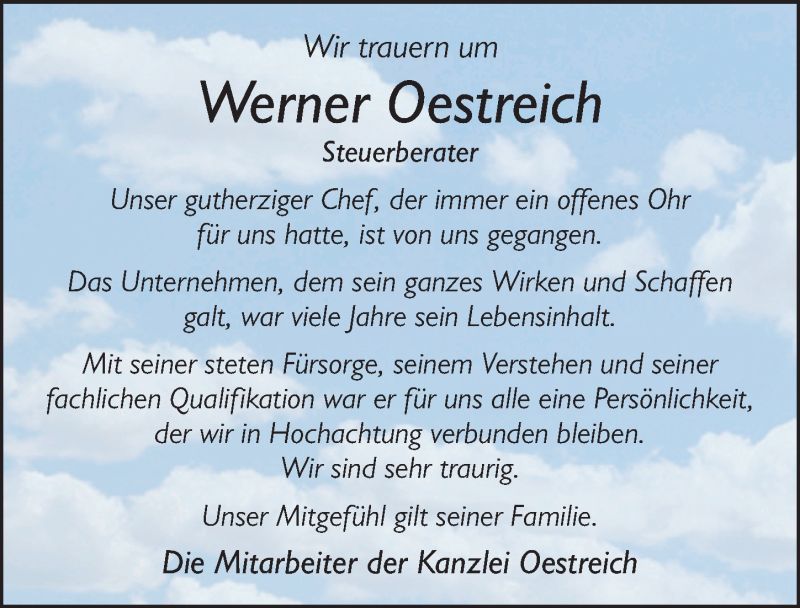  Traueranzeige für Werner Oestreich vom 21.09.2018 aus 