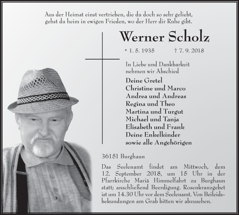  Traueranzeige für Werner Scholz vom 11.09.2018 aus 