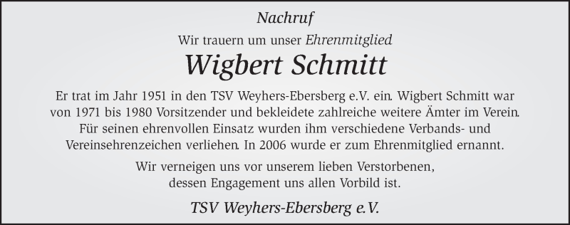  Traueranzeige für Wigbert Schmitt vom 19.09.2018 aus 