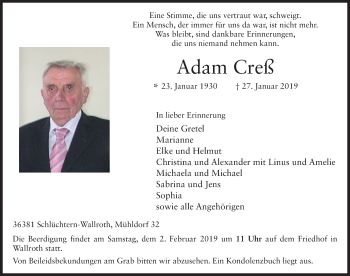 Traueranzeige von Adam Creß 