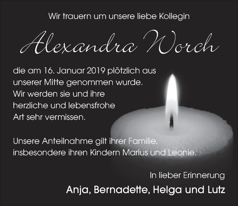  Traueranzeige für Alexandra Worch vom 23.01.2019 aus FZ