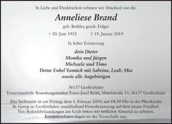 Traueranzeige von Anneliese Brand 