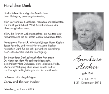 Traueranzeige von Anneliese Hacker von FZ