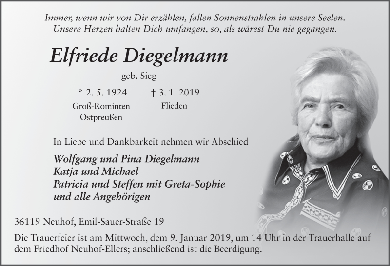 Traueranzeige für Elfriede Diegelmann vom 08.01.2019 aus 