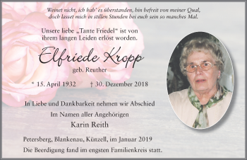 Traueranzeige von Elfriede Kropp von FZ
