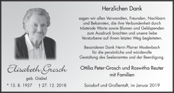 Traueranzeige von Elisabeth Grosch 