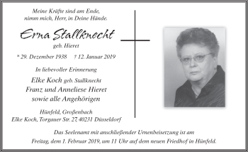 Traueranzeige von Erna Stallknecht 