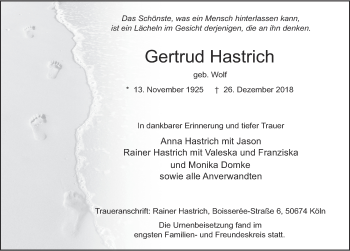 Traueranzeige von Gertrud Hastrich von FZ